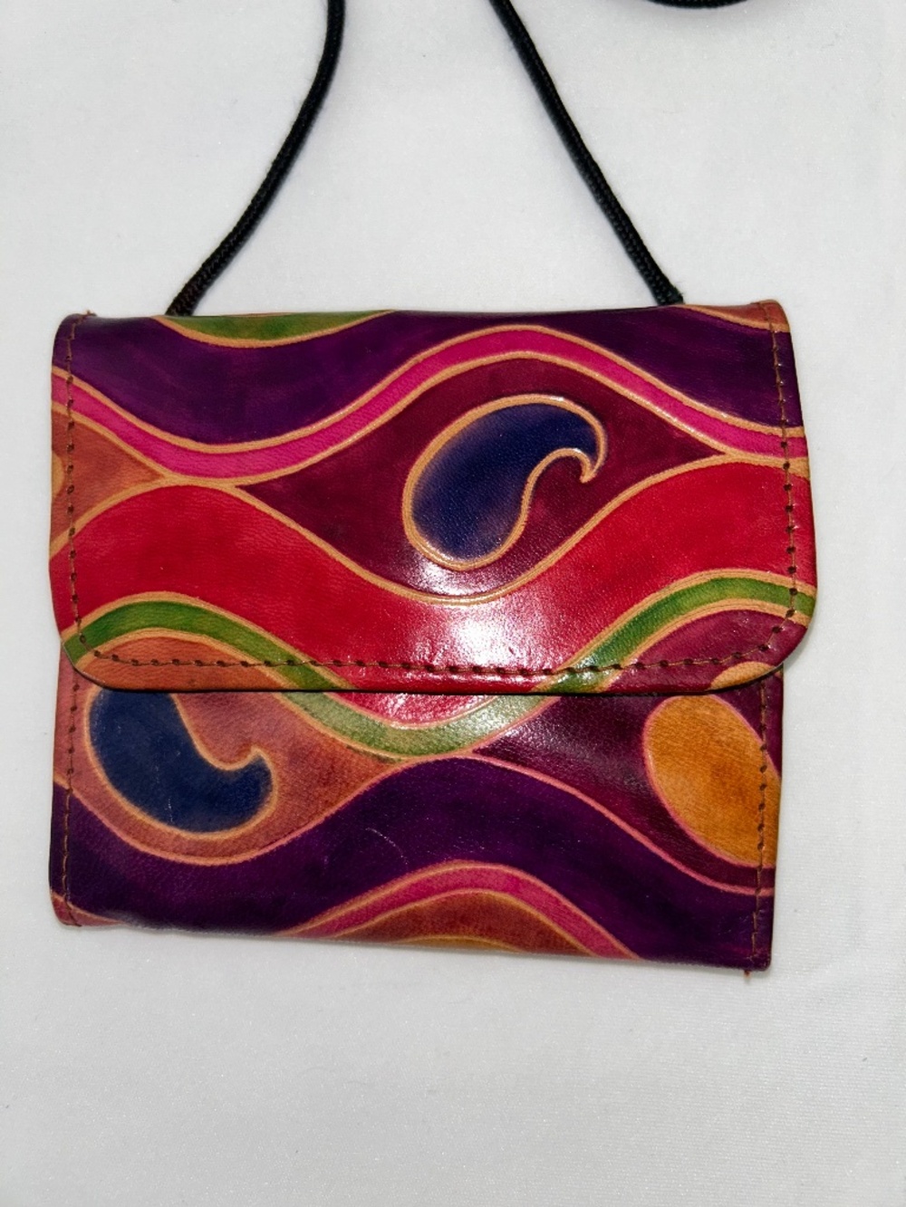 MTC Vintage 90’s Hand-Painted Leather Crossbody Tri-fold Wallet Pouch w/Mirror